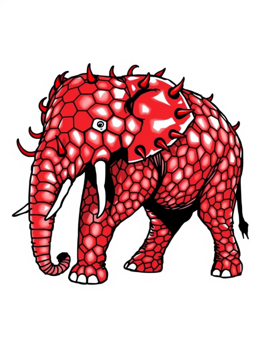 Photo To Outline idea: photo to outline drawing, clean contour lines, minimal shading, preserve subject silhouette, Create an elephant with hexagon shaped scales , mettalic