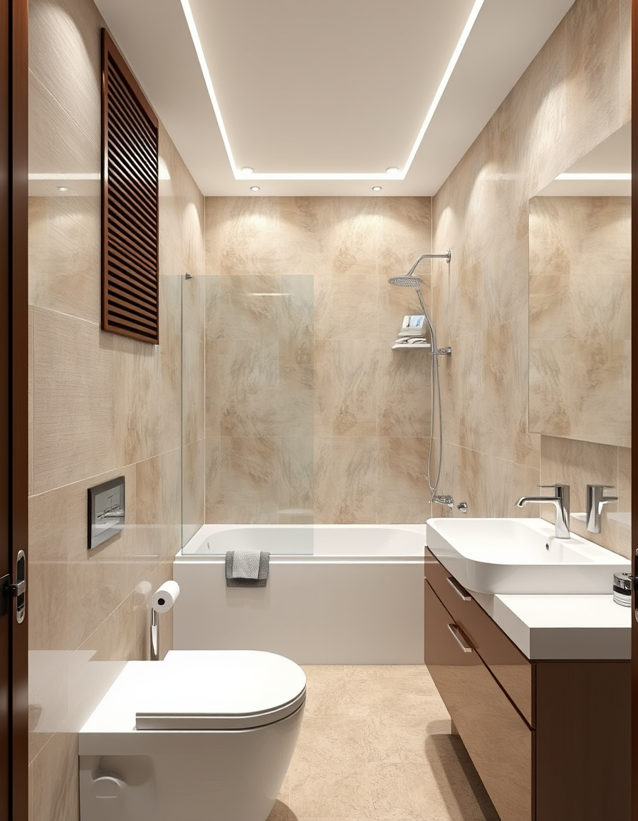 Bathroom Design idea: AI bathroom design, tiled surfaces vanity and fixtures, photorealistic interior render, 1.8m x 2.1m room Must have double size bath, basin and toilet