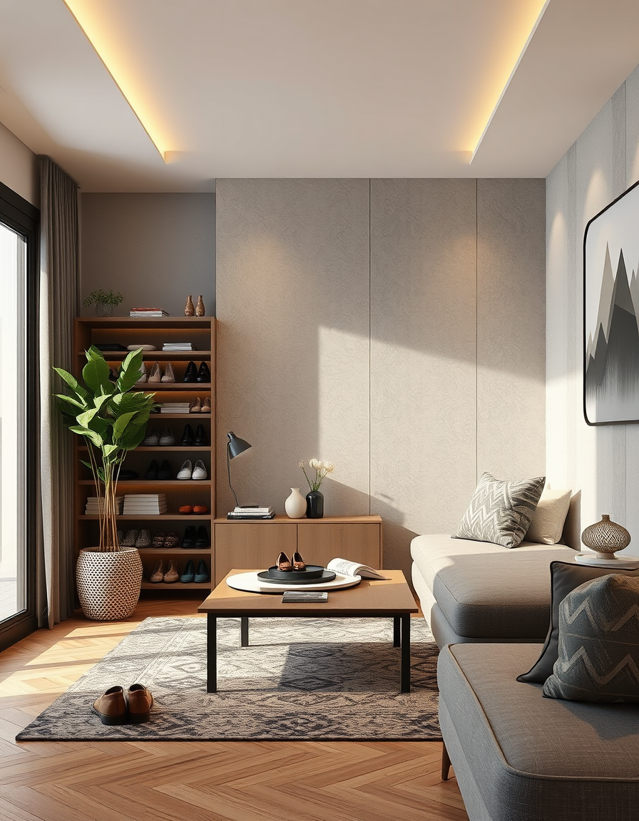 Interior Design idea: AI interior design, cohesive furniture layout decor and lighting, photorealistic interior render, design shoe rack coubard near living room entrance d