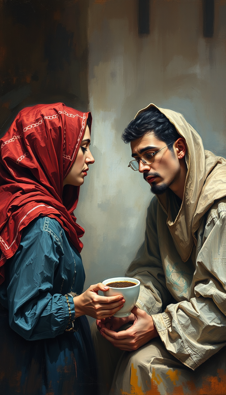 Oil Paintings idea: oil painting style, rich textures, brushstrokes, impasto technique, "A woman reads the coffee grounds for a young Arab man, telling him about his sorr