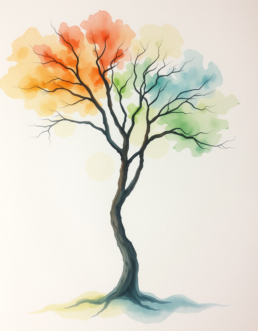 Picture Into Watercolor idea: turn picture into watercolor, transparent washes, paper texture, soft pigment edges, abstract art of a tree , delicate watercolor painting, luminous c