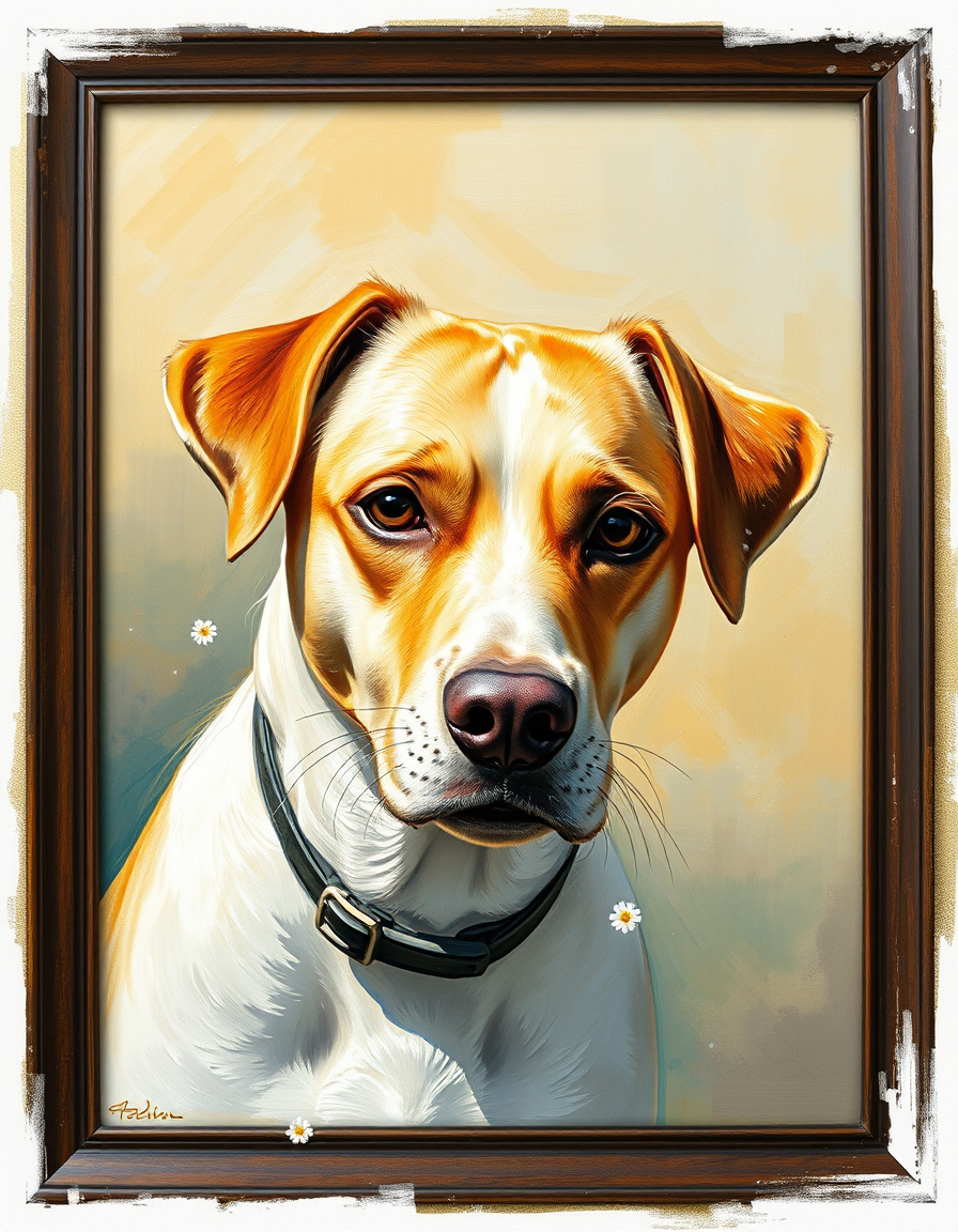 Turn Photo Into Paintings idea: painting from the photo, expressive brushwork, painterly rendering, a portrait of a dog in oil paint with loose impressionist brushwork and warm after