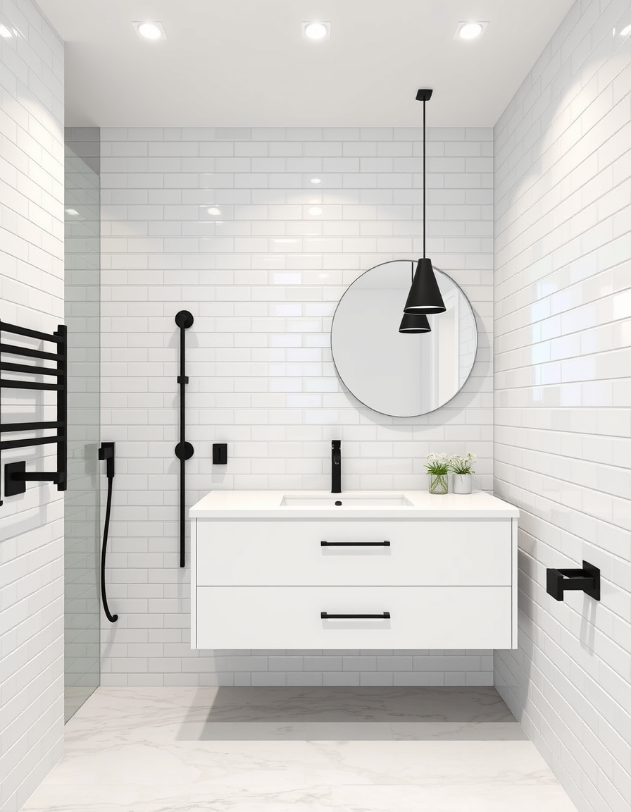 Bathroom Design idea: AI bathroom design, tiled surfaces vanity and fixtures, photorealistic interior render, minimalist bathroom with matte black fixtures, large-format wh