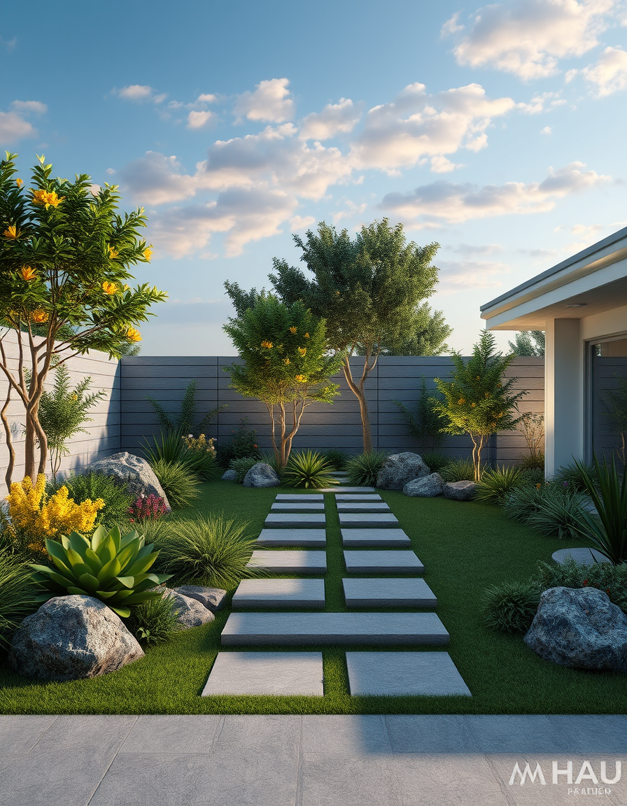 Landscape Design idea: AI landscape design, yard layout plants hardscape and lighting, photorealistic render, 在露臺有一長條木地板步道 兩側有羅漢松植栽和舖上人造草皮 , landscape design visualization