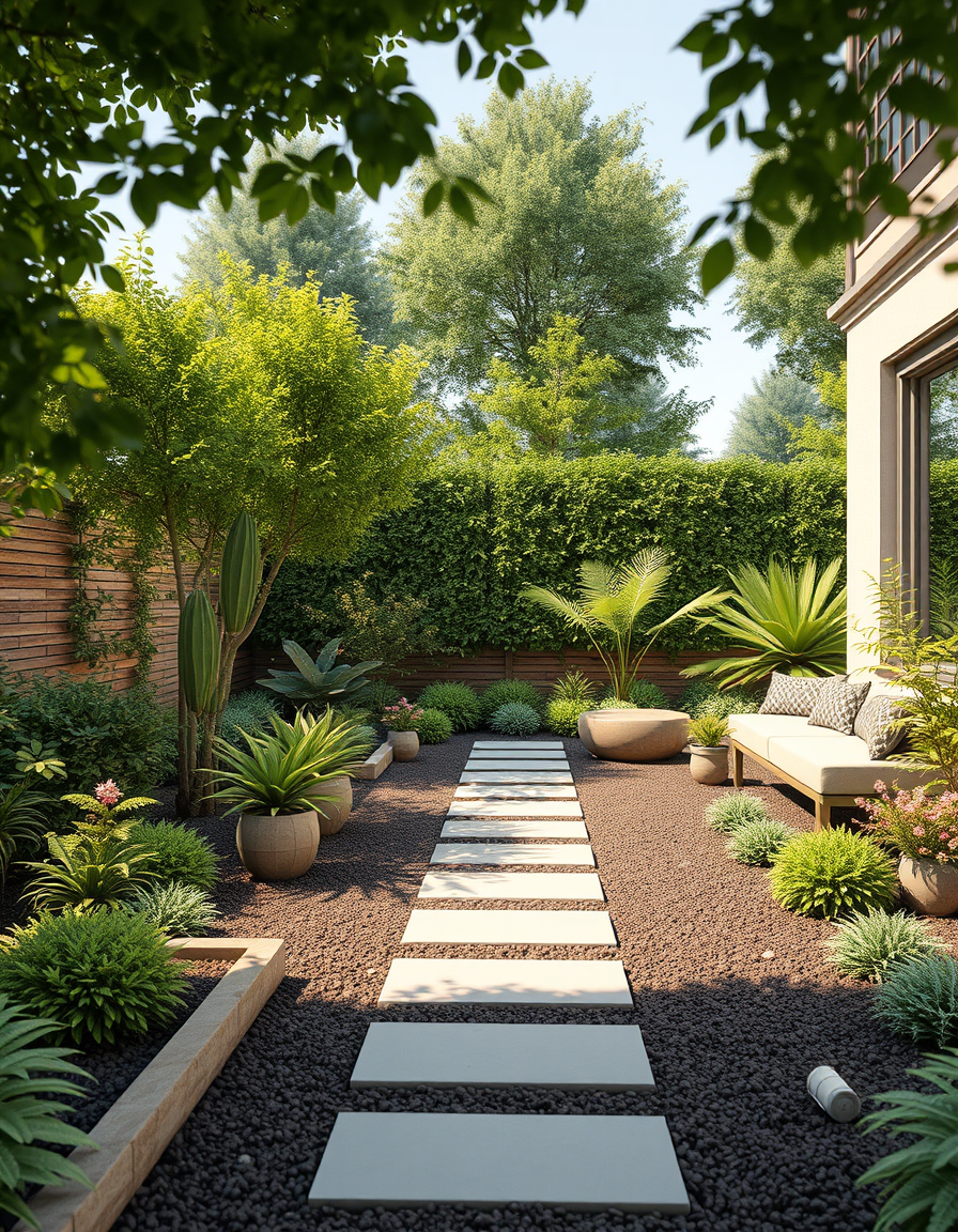 Garden Design idea: AI garden design, lush landscaped yard, plants pathways and seating, photorealistic render, مزرعة بحجم ٤٩٣٨ قصبة عشارية وتساوي ١٠٠،٠٠٠ متر مربع مقسمة 