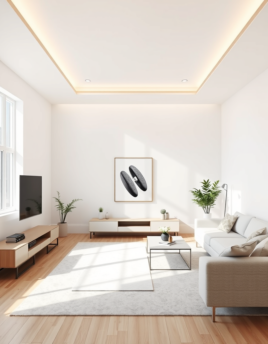 Room Design idea: AI room design, full room layout furniture and lighting, photorealistic interior render, a spacious empty minimal white small uk spacious living room