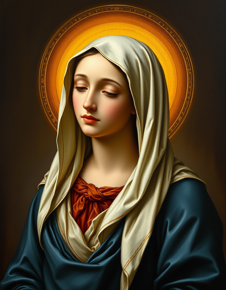 Main painting studio: A classic Renaissance oil painting of the Virgin Mary, serene and compassionate expression, looking down with gentle grace, halo of soft divine golden
