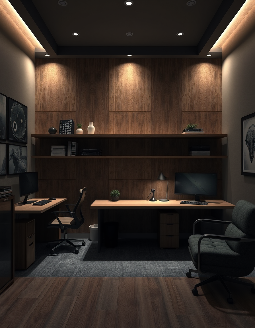 AI Room Design idea created from the prompt: AI room design, full room layout furniture and lighting, photorealistic interior render, A moody game room/ office. two desk on opposing wal
