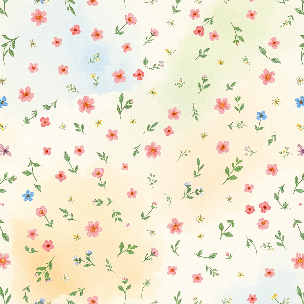Watercolor idea: watercolor painting, soft transparent washes, wet-on-wet bleeds, paper texture visible, Small ditsy watercolor floral pattern, tiny delicate flowers a