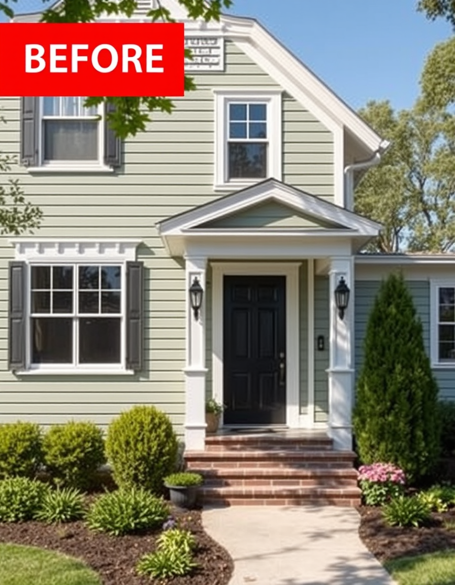 Exterior Paint idea: home exterior paint visualization, preserve architecture and landscaping, recolor siding trim and front door, A white craftsman house with sage green
