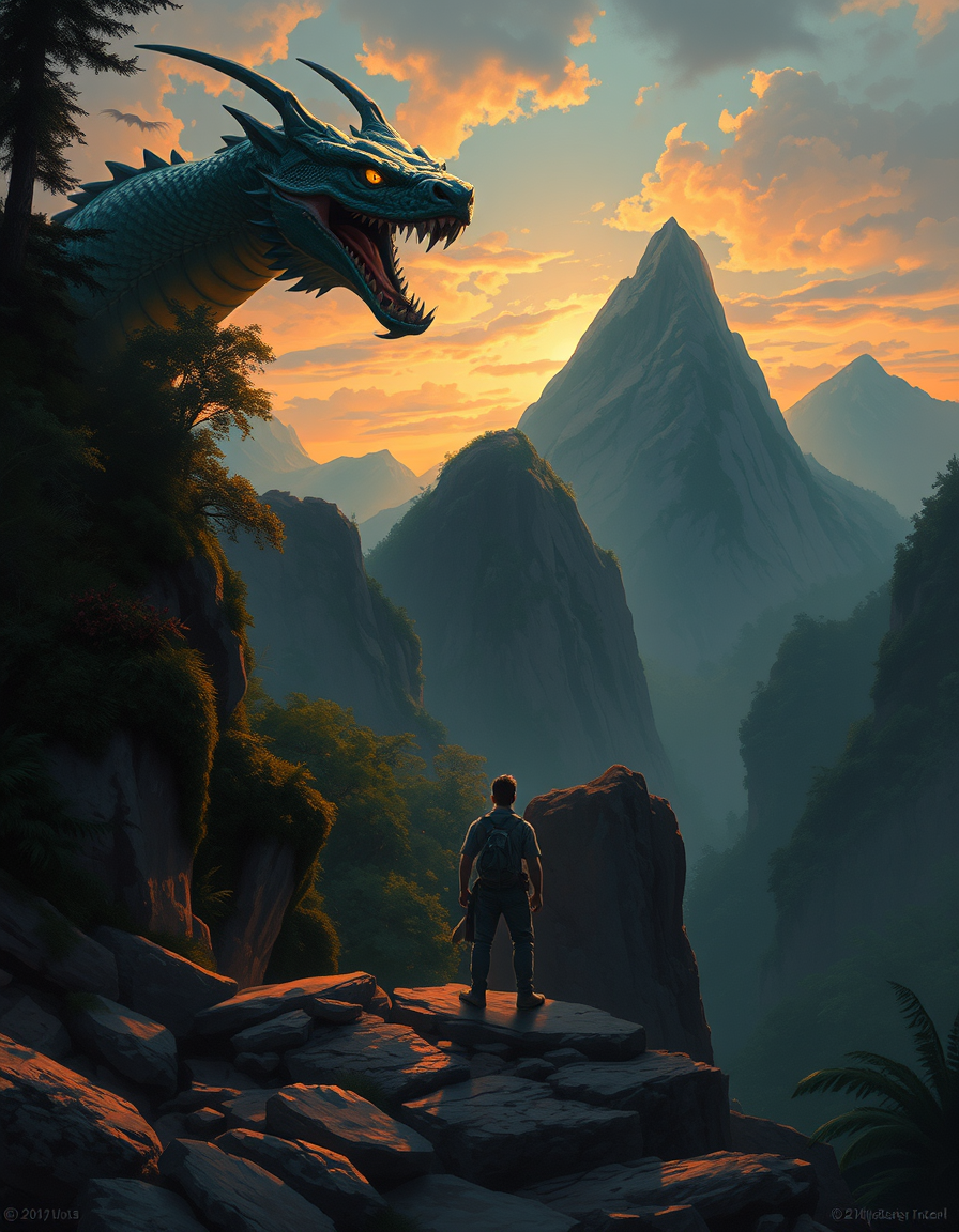 Book Covers idea: cover-ready concept art organized around genre, focal point, and title-safe space, deliberate composition, a lone man facing a dragon snake over a rai