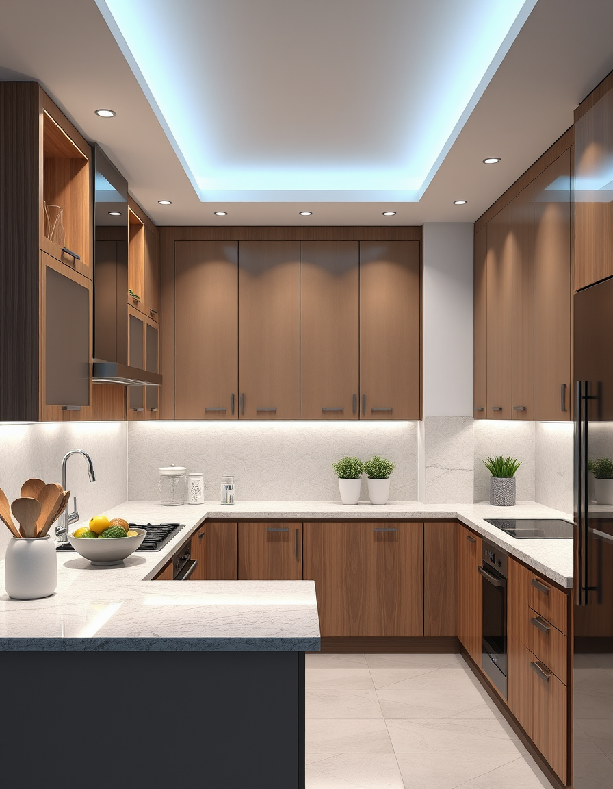 Kitchen Design idea: AI kitchen design, modern cabinetry countertops and lighting, photorealistic interior render, مطبخ بطراز "شاكر" يضم خزائن بيضاء وبلاطاً رخامياً (مستطي