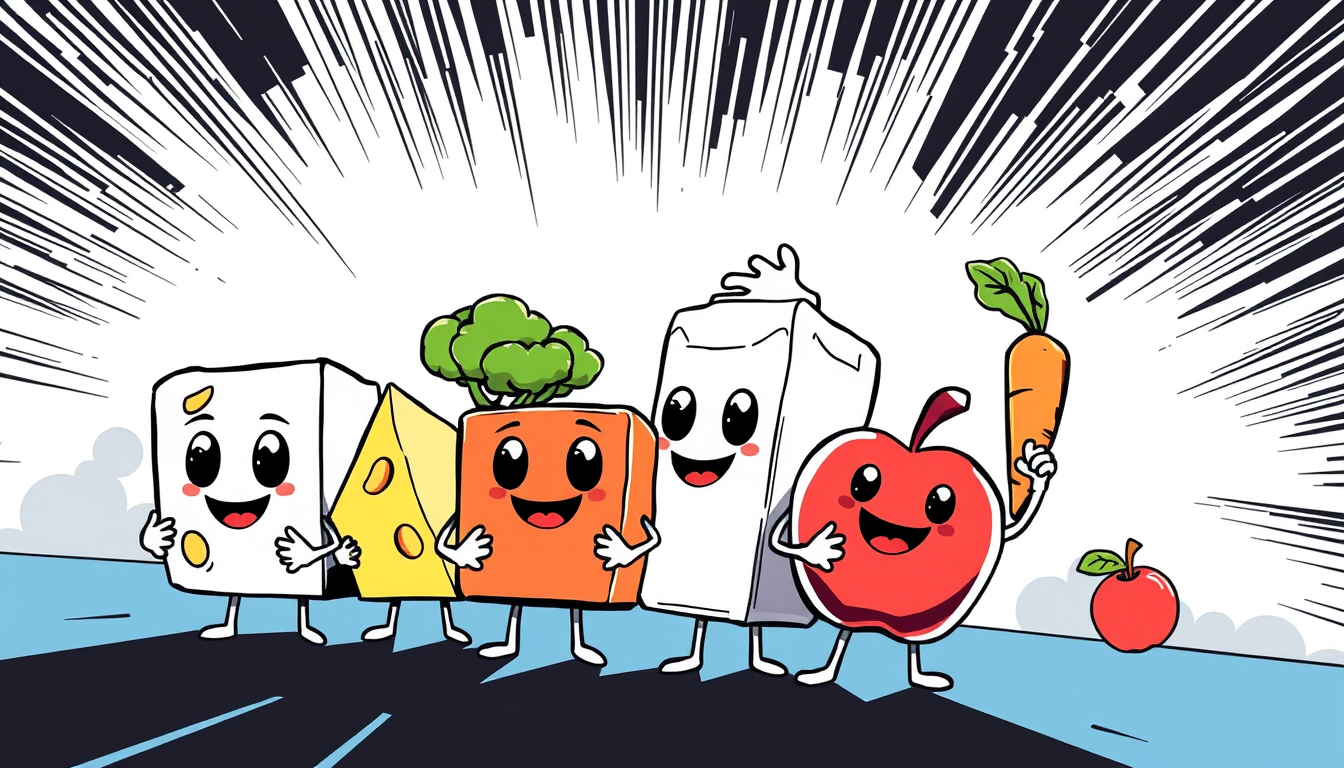 Comic Art idea: comic art, bold ink lines, halftone shading, dynamic composition, Pixar-style 3D animated banner for a puzzle game: no text, cute smiling food charact