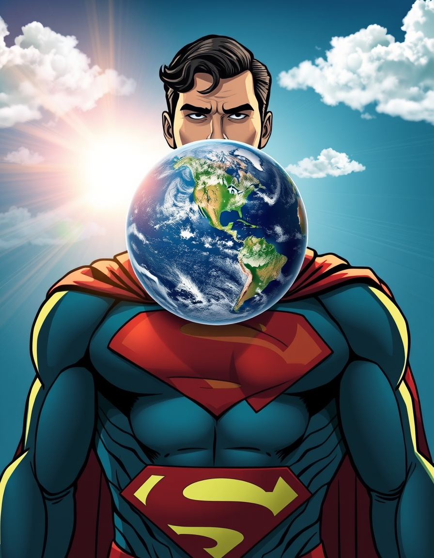 Main painting studio: Create a comic-style image inspired by the environment; it should feature a humanoid figure inspired by Superman but with the planet Earth replacing t