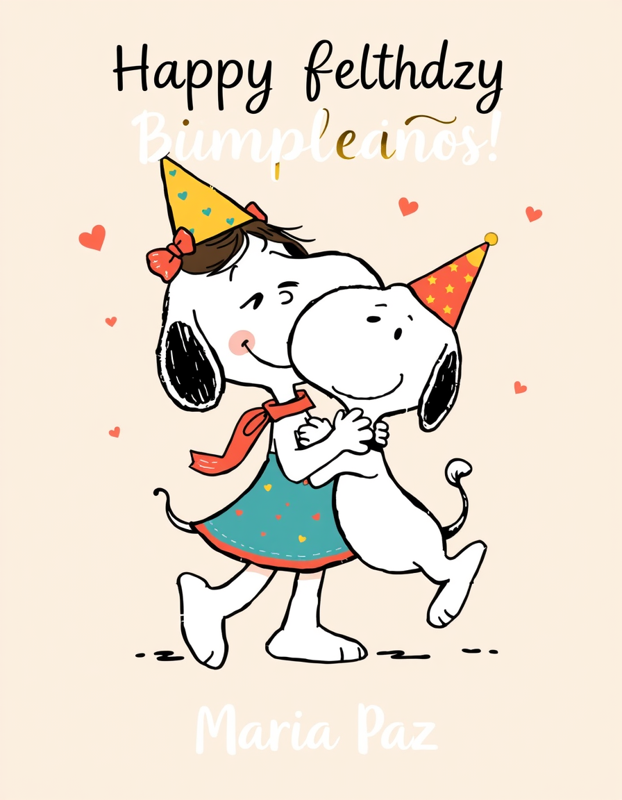Birthday Cards idea: birthday card design, cheerful festive artwork, space for greeting, Una imagen de una señorita con traje de enfermera abrazando a Snoopy y deseándole