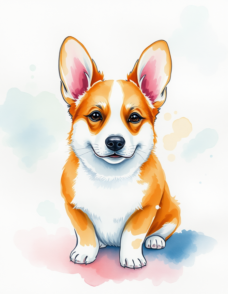 Watercolor idea: watercolor painting, soft transparent washes, wet-on-wet bleeds, paper texture visible, corgi, impressionist, monet style , delicate watercolor illust