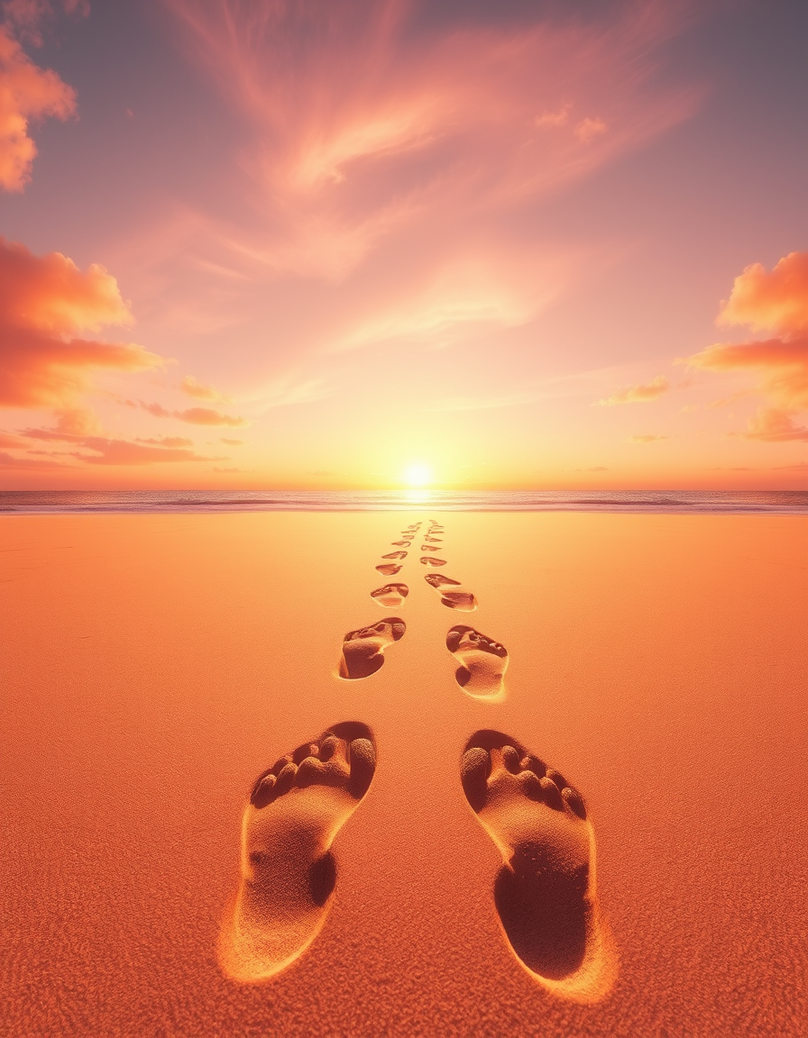 Book Covers idea: cover-ready concept art organized around genre, focal point, and title-safe space, deliberate composition, Two sets of footprints in a glowing, golden