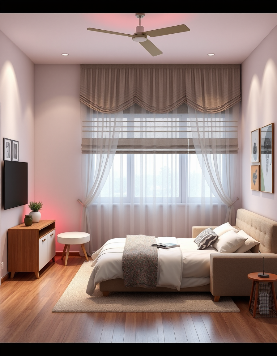 Room Design idea: AI room design, full room layout furniture and lighting, photorealistic interior render, quero um quarto com um led na cor rosa em volta do teto uma c