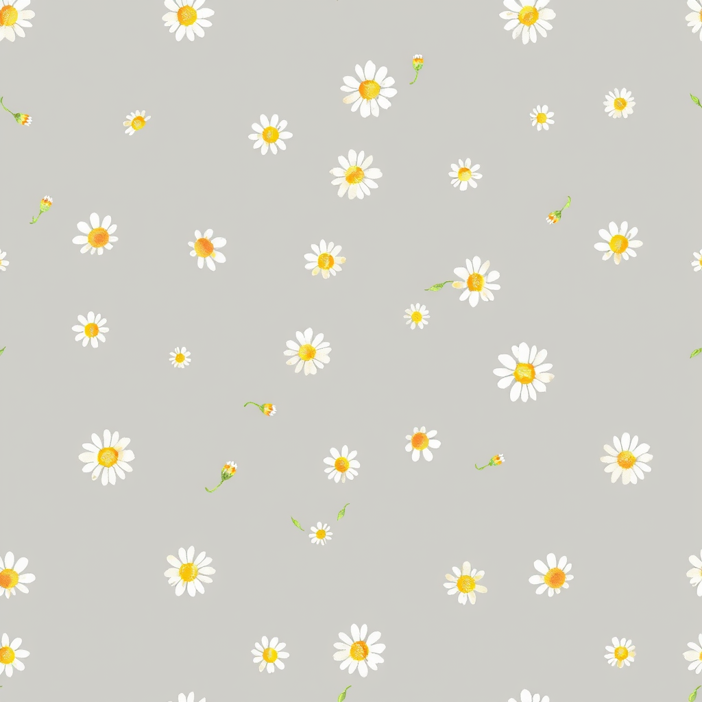 Watercolor idea: watercolor painting, soft transparent washes, wet-on-wet bleeds, paper texture visible, Tiny watercolor daisy pattern, miniature white and yellow dais