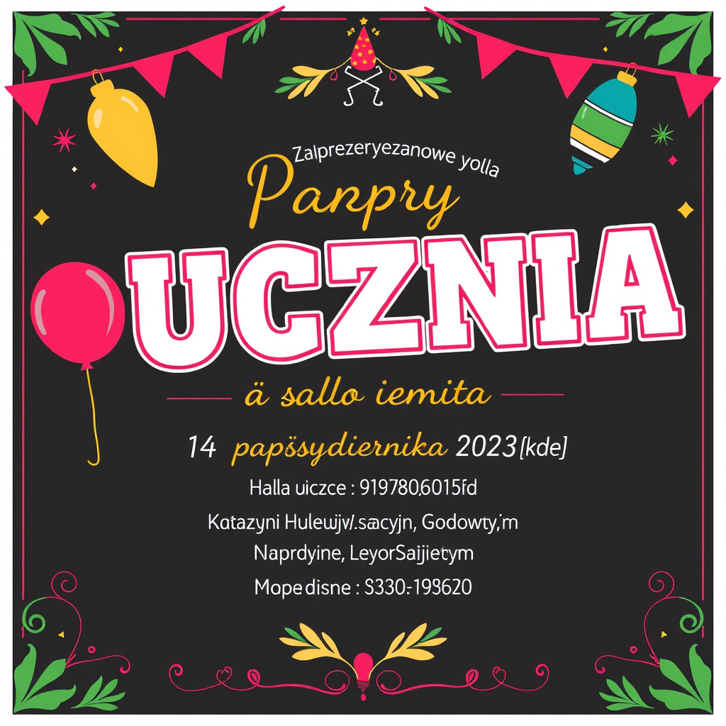 Invitation idea: party invitation design, festive layout, decorative border, space for event details, Zaprojektuj zaproszenie dla dyrektora szkoły Katarzyny Kozłowskie