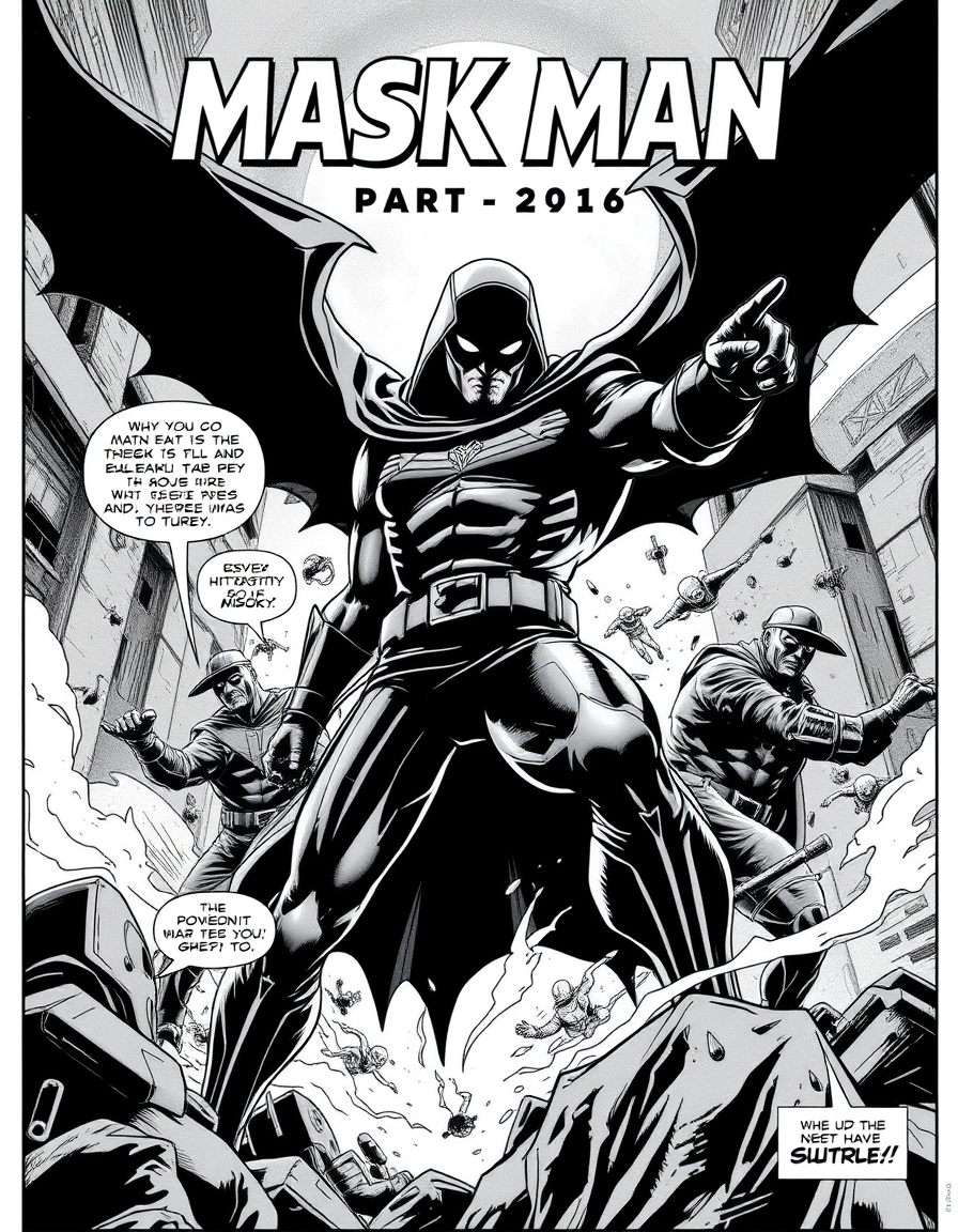 Comic Art idea: comic art, bold ink lines, halftone shading, dynamic composition, Create a 50-page full-color superhero comic book titled “MASK MAN — PART 1: THE SHAD