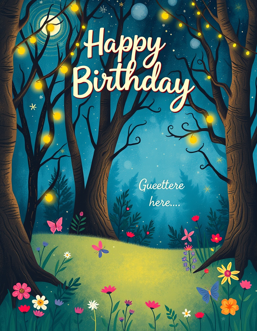 Birthday Cards idea: birthday card design, cheerful festive artwork, space for greeting, magical forest scene with fireflies and fairy lights, dreamy , printable birthday 