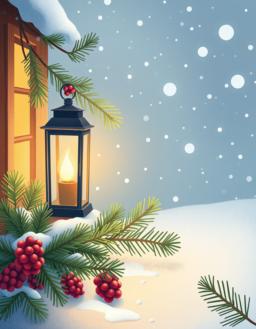 Greeting Cards idea: greeting card design, warm illustration, space for message, cozy winter scene with a lantern, pine branches, and soft snowfall , printable greeting ca