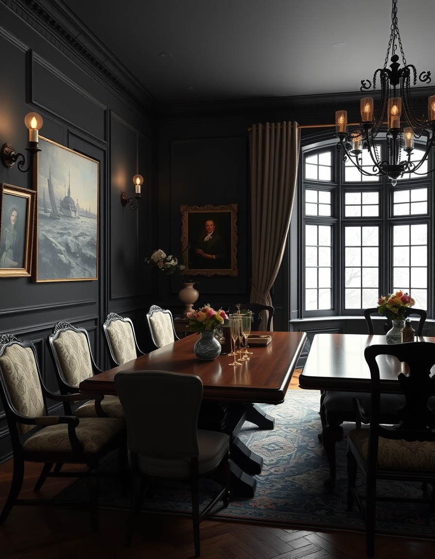 Interior Design idea: AI interior design, cohesive furniture layout decor and lighting, photorealistic interior render, Very dark dining room, bay window on the long end!,