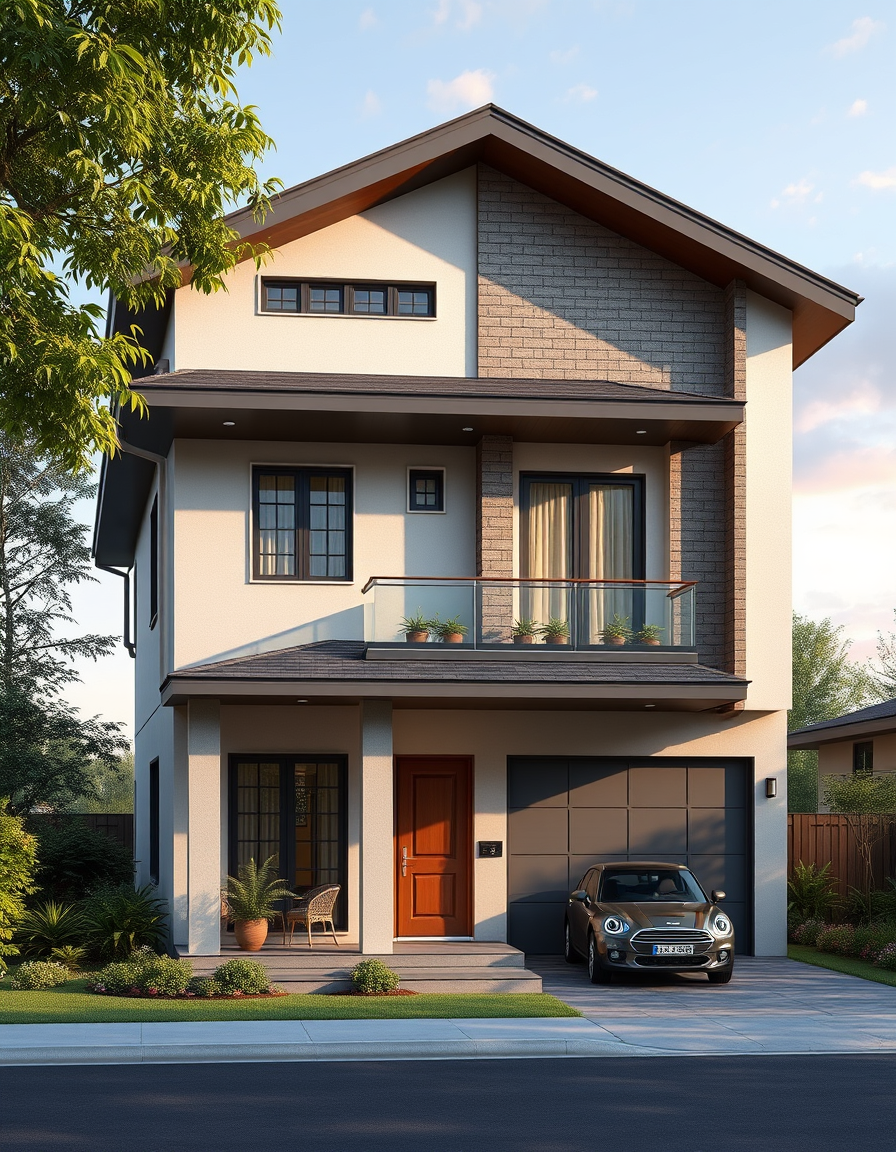 House Exterior Design idea: AI house exterior design, facade materials roofline and landscaping, photorealistic render, TWO LEVEL HOUSE LOWER LEVEL 16 X 24 TOP LEVEL CANTELEVER 2