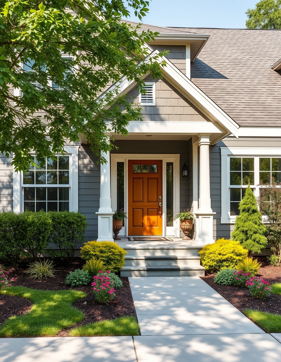 Exterior Paint idea: home exterior paint visualization, preserve architecture and landscaping, recolor siding trim and front door, Modern house , realistic exterior paint 