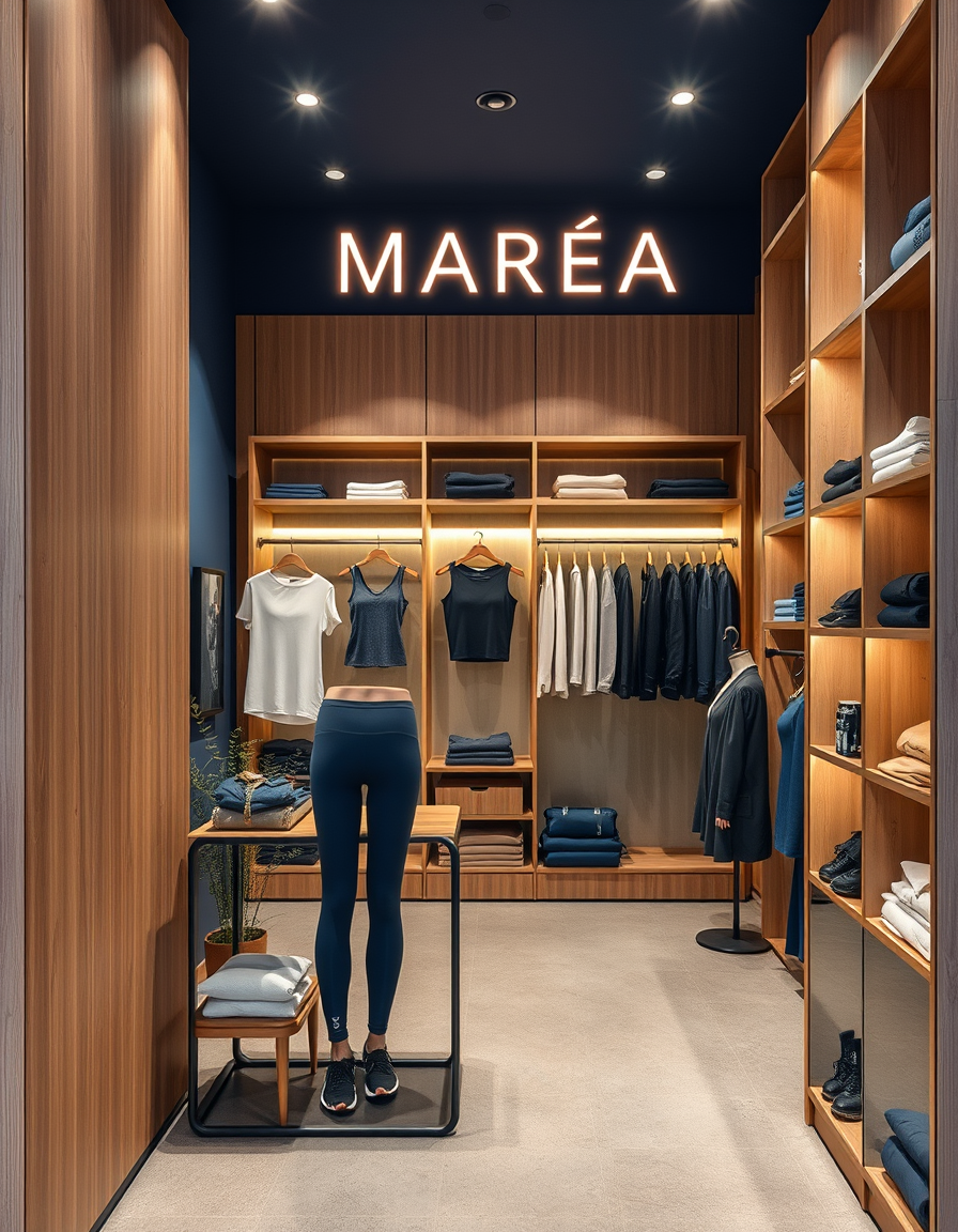 Main painting studio: Génère une photographie d'intérieur extrêmement réaliste d'une petite boutique intégrée à un club de fitness et de bien-être de luxe appelé MARÉA, sit