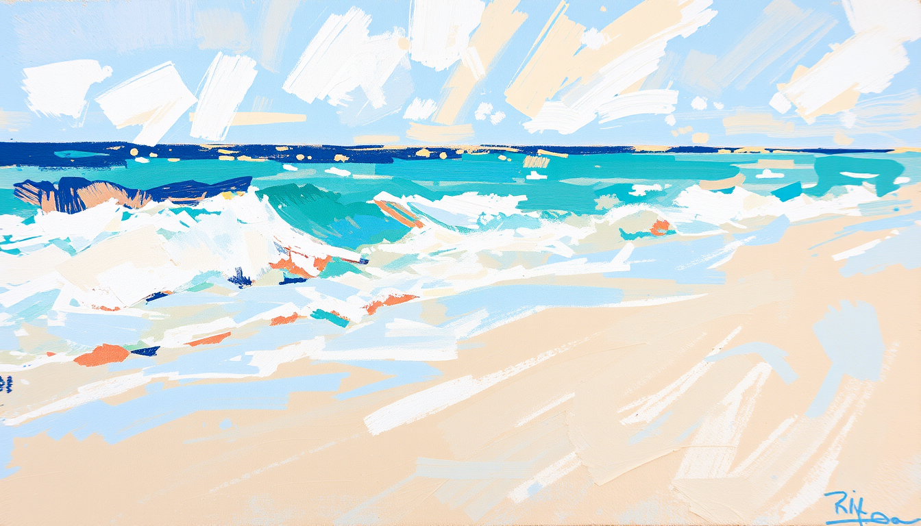 Photo To Paintings idea: painting from the photo, rich brushstrokes, painterly texture, summer beach scene , fine-art painting portrait