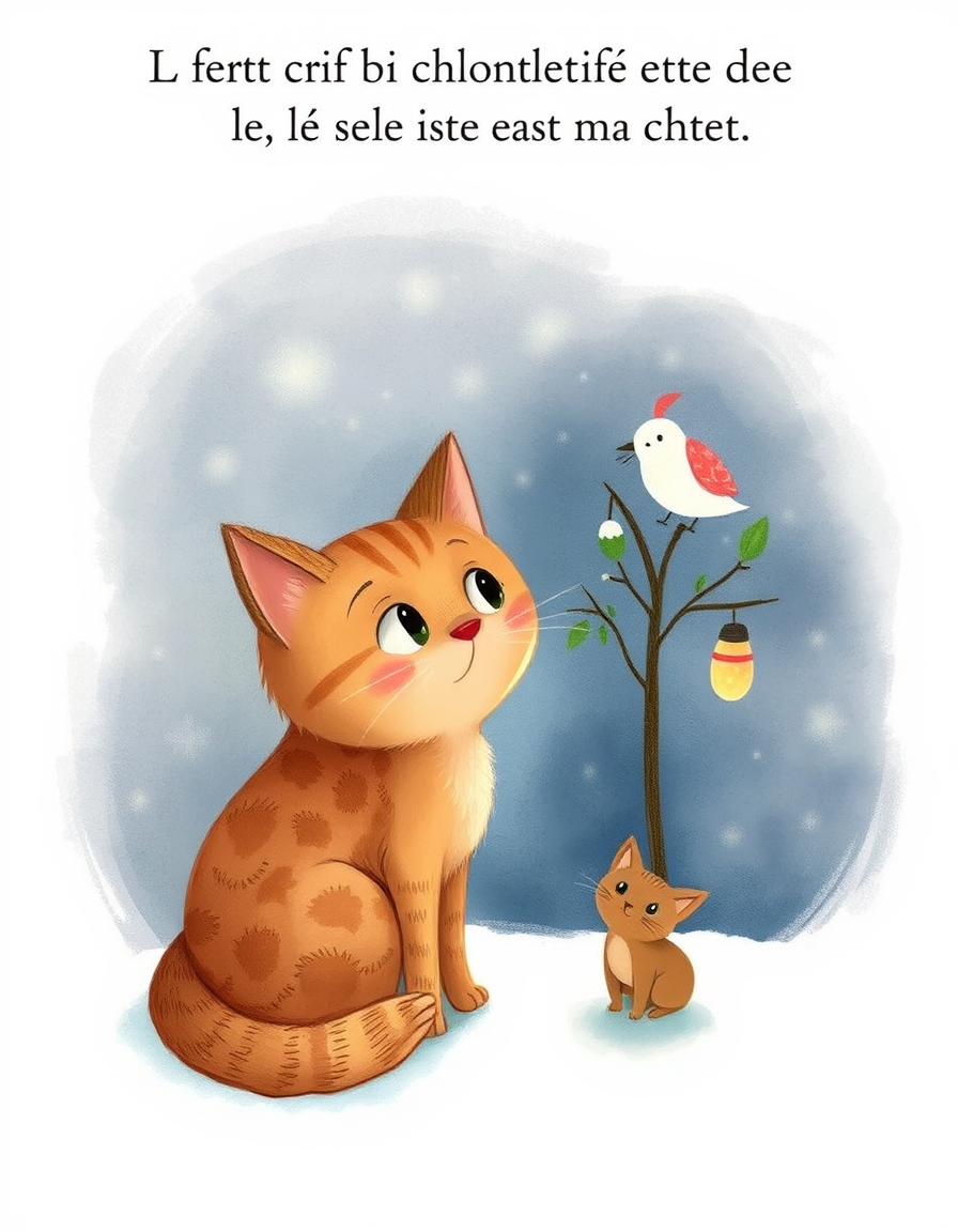 Storybook Illustrations idea: storybook illustration, warm narrative scene, hand-drawn feel, soft palette, Le chat qui croyait que le sapin était un arbre à chats Personnage : Mist