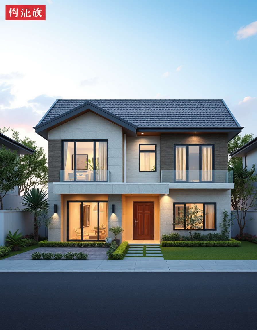 House Exterior Design idea: AI house exterior design, facade materials roofline and landscaping, photorealistic render, モダンファームハウスの外観:白い羽目板張り、黒い窓枠、金属屋根 , home exterior visualizat