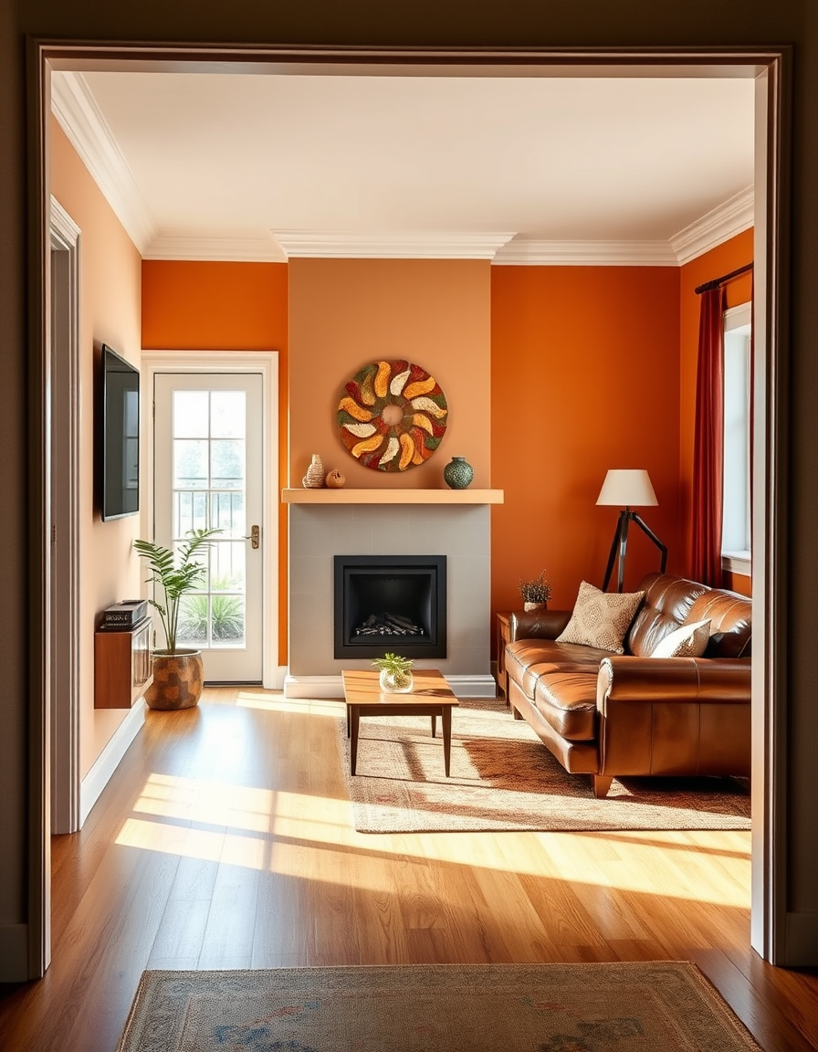 Main painting studio: Design living room. Starting from doorway. Window is placed on right side of room and is the only light source. Dark brown leather sofa left side of r