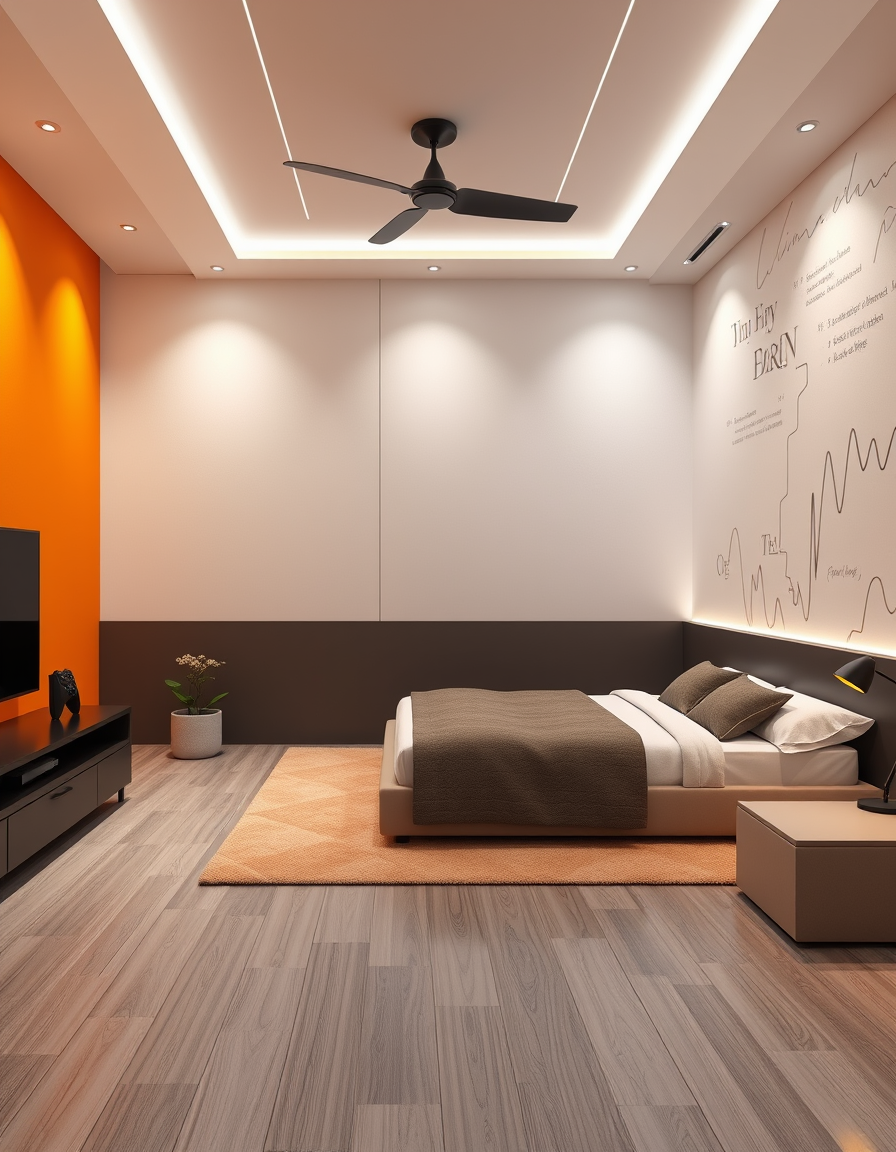 Room Design idea: AI room design, full room layout furniture and lighting, photorealistic interior render, Id like a room with a tv 55 inch in it. a double bed. X box c
