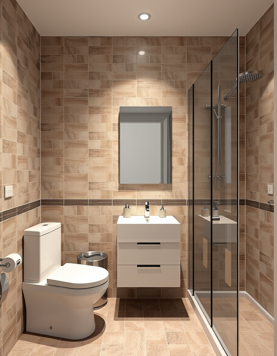 Bathroom Design idea: AI bathroom design, tiled surfaces vanity and fixtures, photorealistic interior render, small shower room, toilet on the left, then facing is the sink