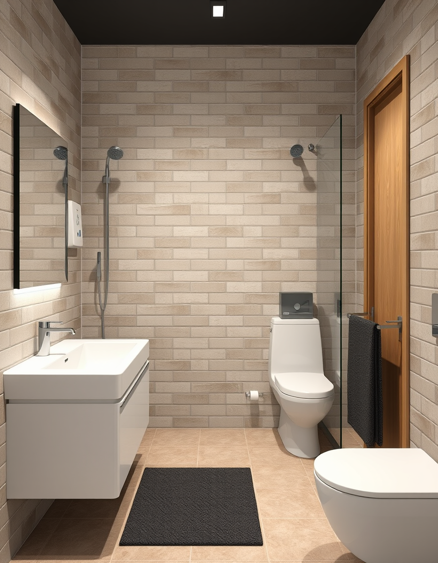 Bathroom Design idea: AI bathroom design, tiled surfaces vanity and fixtures, photorealistic interior render, un baño para minusvalidos, 2,15m x 1,65m, con dos puertas corr