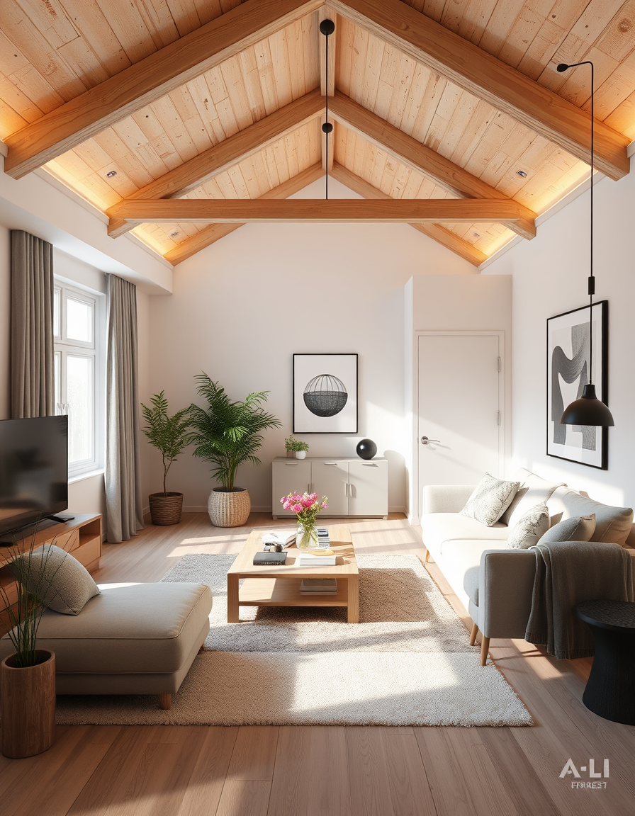 Room Design idea: AI room design, full room layout furniture and lighting, photorealistic interior render, Dachschrägen, wohnzimmer 10 quadratmeter modern eingerichtet