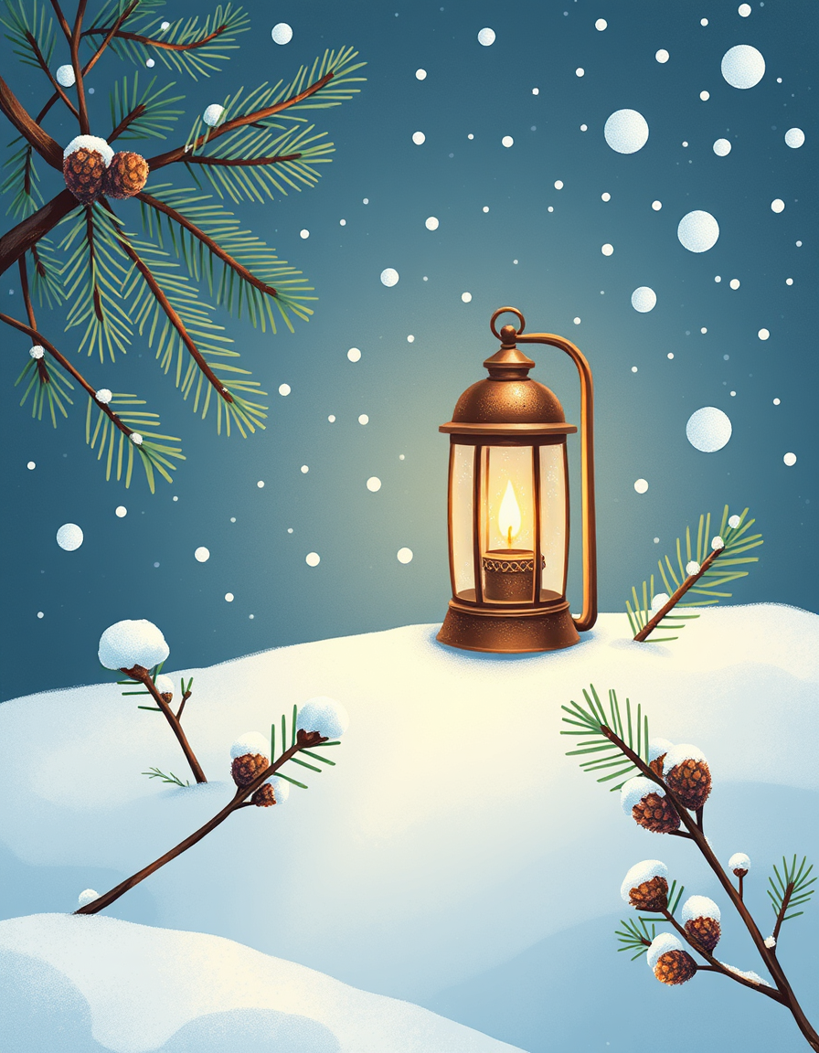 Greeting Cards idea: greeting card design, warm illustration, space for message, cozy winter scene with a lantern, pine branches, and soft snowfall , printable greeting ca