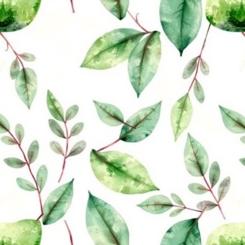 Watercolor idea: watercolor painting, soft transparent washes, wet-on-wet bleeds, paper texture visible, Botanical watercolor leaf pattern, delicate hand-painted leave