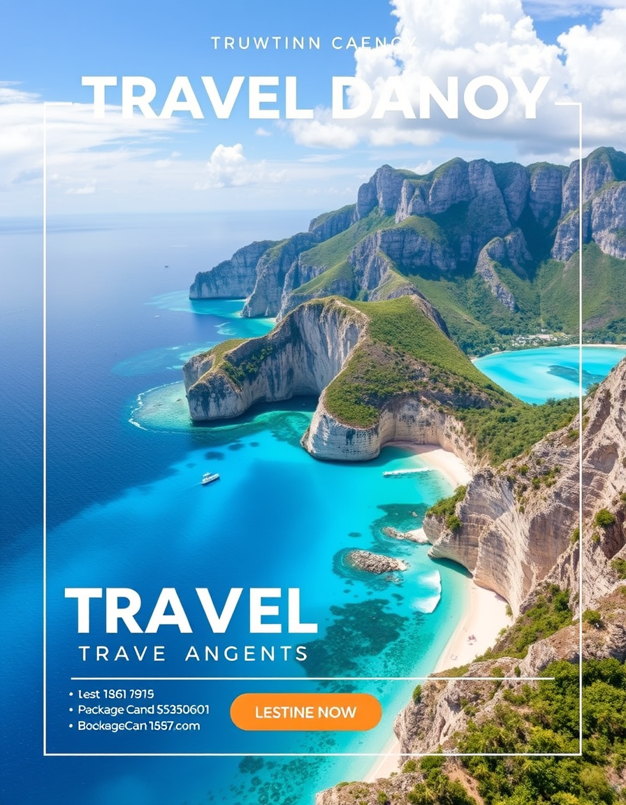 Main painting studio: Create an attractive travel agency poster featuring a breathtaking tropical coastline, turquoise water and a scenic destination. Use turquoise, sandy