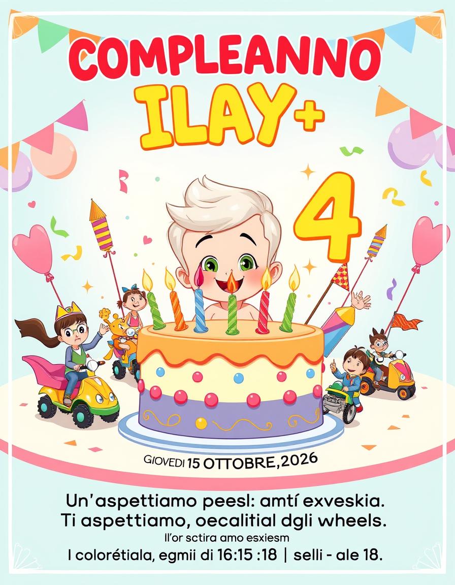Invitation idea: party invitation design, festive layout, decorative border, space for event details, Illustrazione cartoon ispirata a Batwheels. Al centro Ilay, bimbo