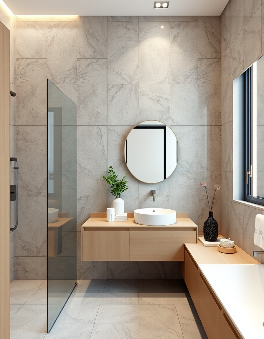 Bathroom Design idea: AI bathroom design, tiled surfaces vanity and fixtures, photorealistic interior render, 小浴室，地鐵磚，流理臺，淋浴間，乾溼分明 , bathroom remodel visualization