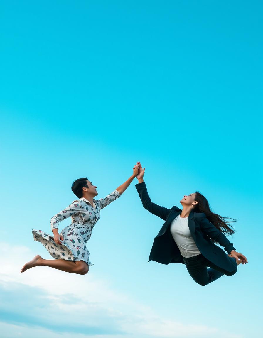 AI Painting prompt example created from the prompt: Man and woman Falling From Sky but woman is trying to reach man's hand and man trying to hold woman's hand the woman is above the man and th
