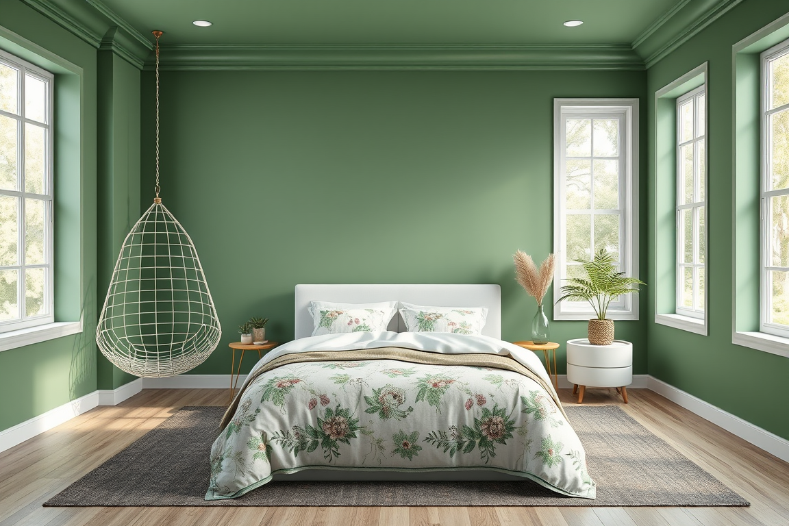 Interior Design idea: AI interior design, cohesive furniture layout decor and lighting, photorealistic interior render, Make the bedroom have a deep sage green and bedding
