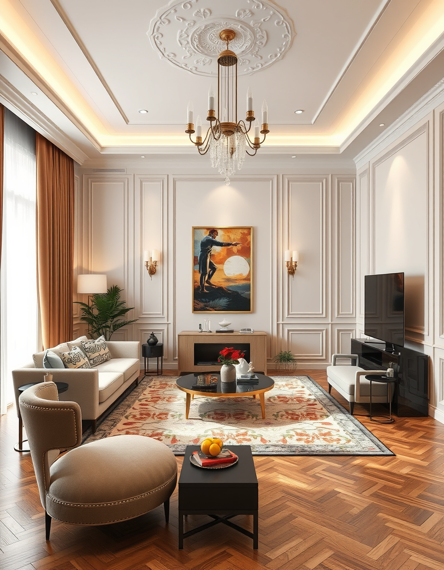 Room Design idea: AI room design, full room layout furniture and lighting, photorealistic interior render, salon art deco style contemporain , room design visualization