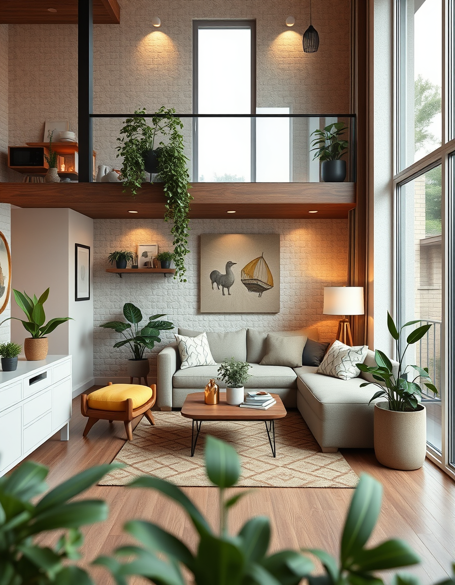 Interior Design idea: AI interior design, cohesive furniture layout decor and lighting, photorealistic interior render, give me a smaller sized home, it has like a cozy han