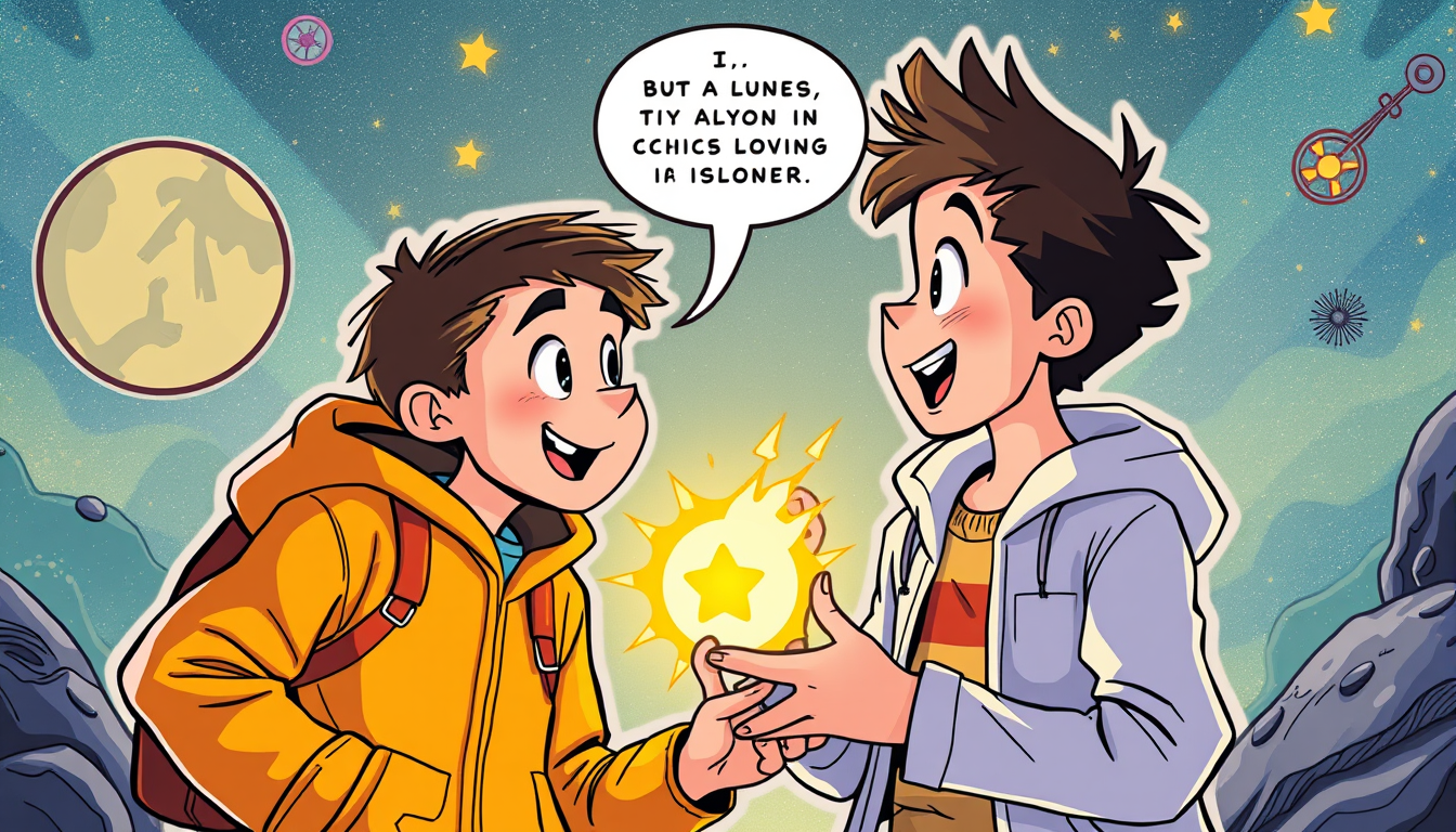 Main painting studio: Lucky meets James, his curious science-loving friend. They talk excitedly about a strange discovery. Artistic colorful comic, bold ink outlines, expre