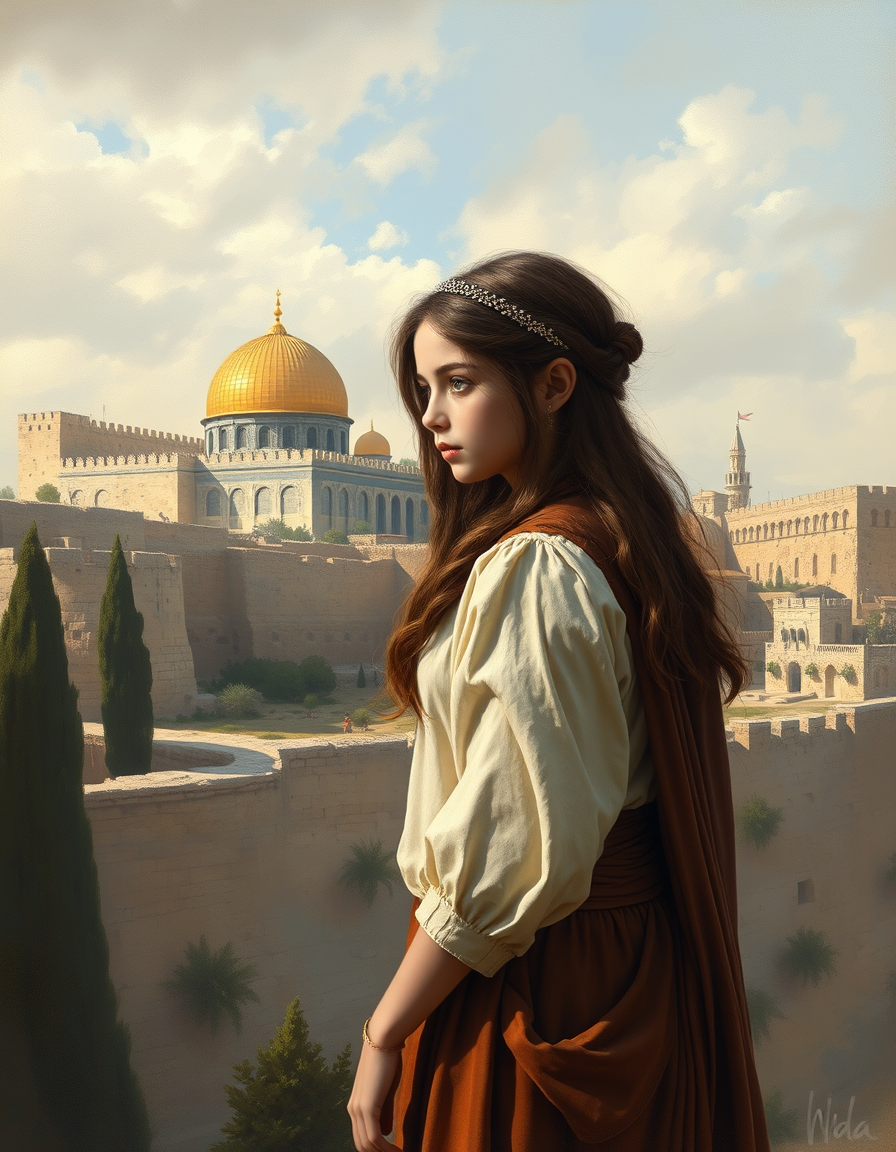 Book Covers idea: cover-ready concept art organized around genre, focal point, and title-safe space, deliberate composition, show a beautiful young girl of the 7th cent
